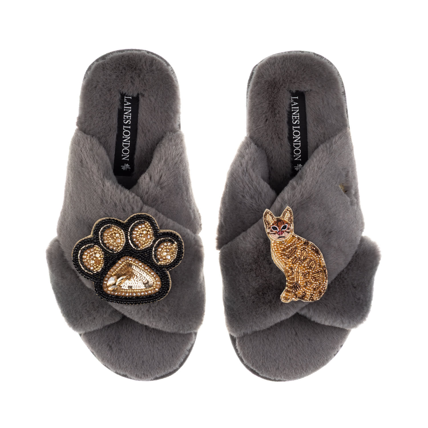 Laines London Women's Classic Laines Slippers With Paw & Sitting Ginger Cat Brooches - Grey In Animal Print