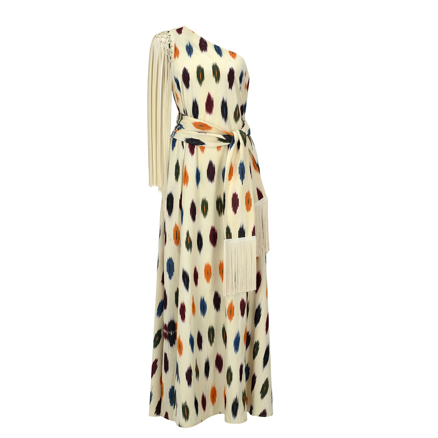 Punicana Women's Saray Dress W Fringes & Belt In Multi Dots Cotton Ikat