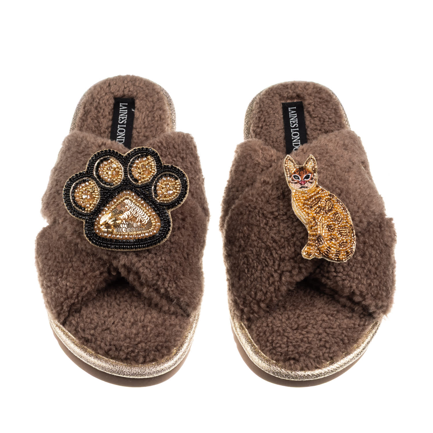 Laines London Women's Brown / Neutrals Boucle Slippers With Paw & Bengal Cat Brooches - Mink In Brown