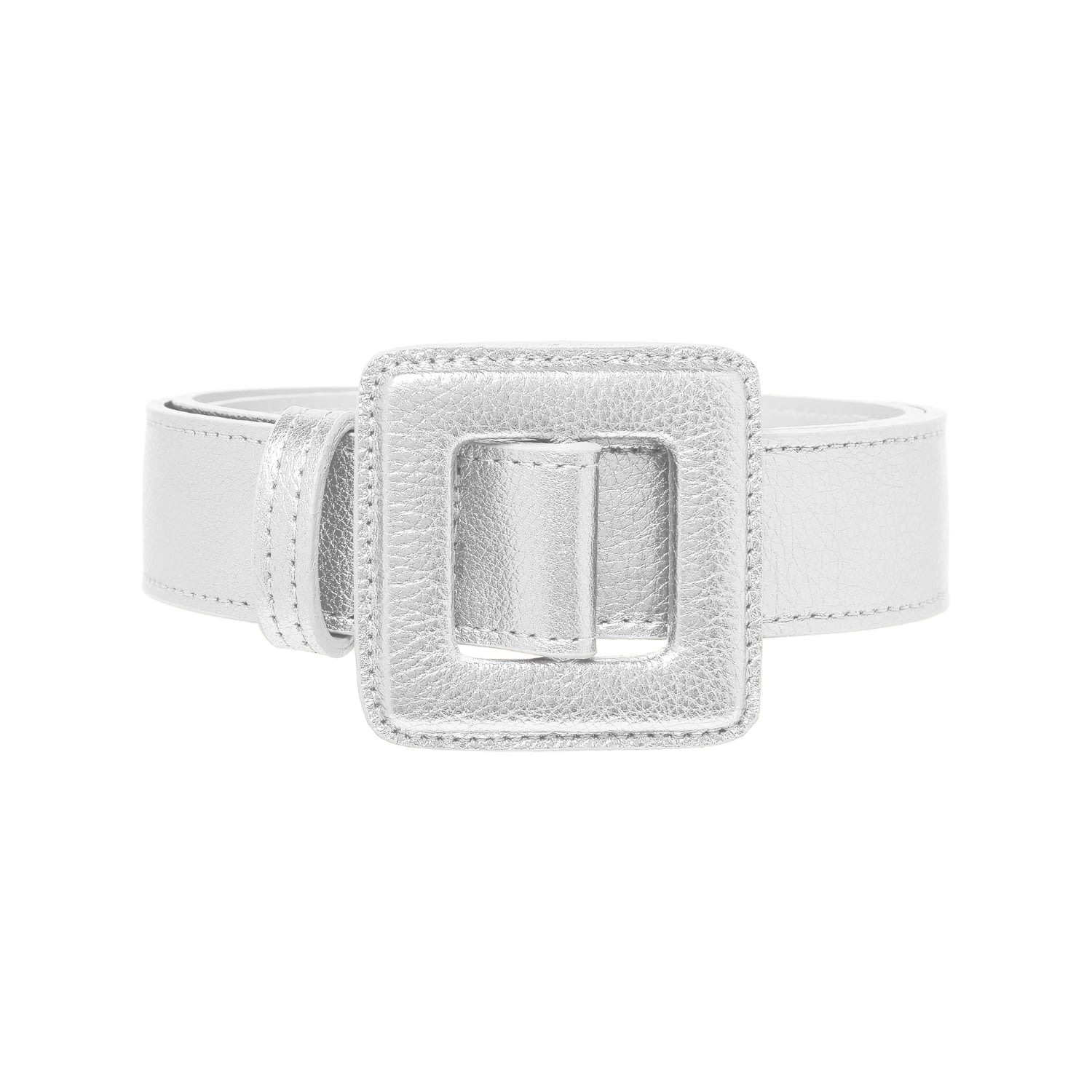 Beltbe Women's Mini Square Metallic Buckle Belt - Silver Shimmer In White
