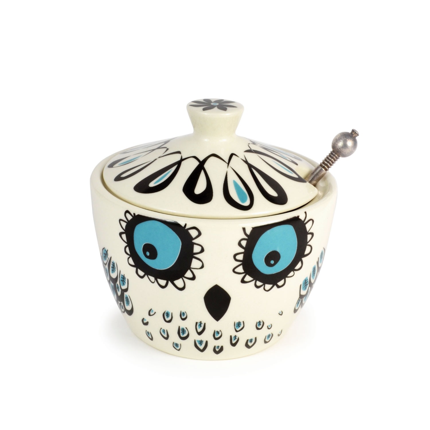 White / Blue Owl Sugar Bowl With Lid Hannah Turner