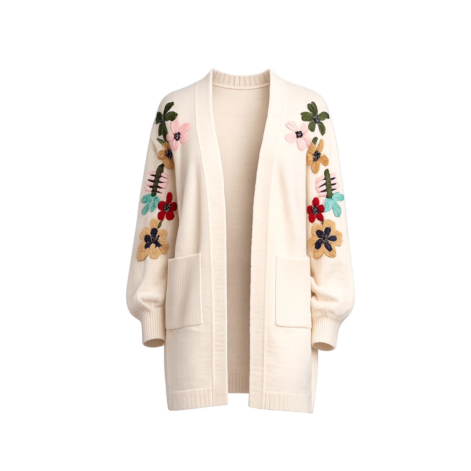 Women's Neutrals Long Knit Jacket With Embroidered Flowers On The Sleeves And Front Pockets Beige | One Size | Tantra Spain Sl