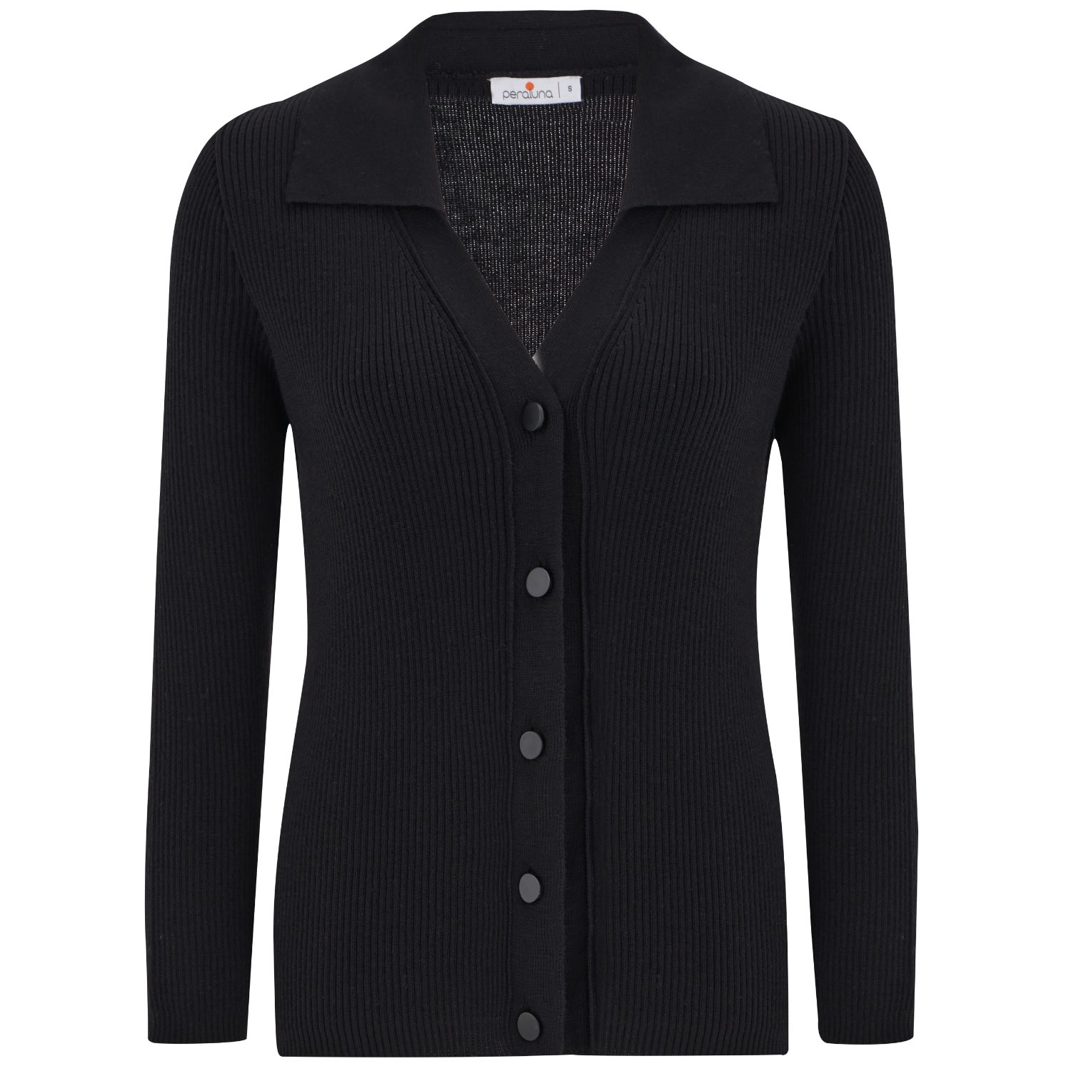 Women’s Polo V-Neck Ribbed Knit Cardigan - Black Large Peraluna