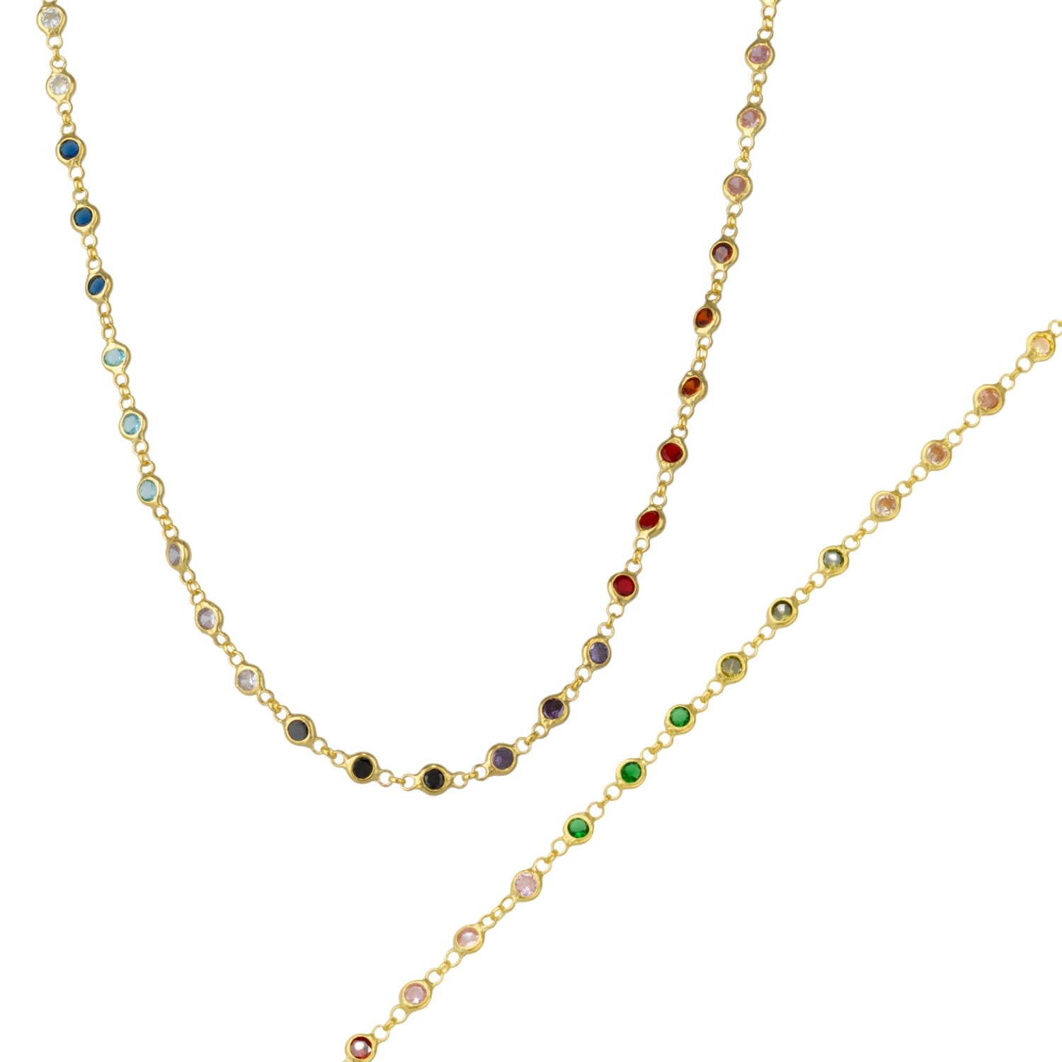 Spero London Women's Colourful Rainbow Jewelled Tennis Style Sterling Silver Chain Necklace & Bracelet Set - Gold