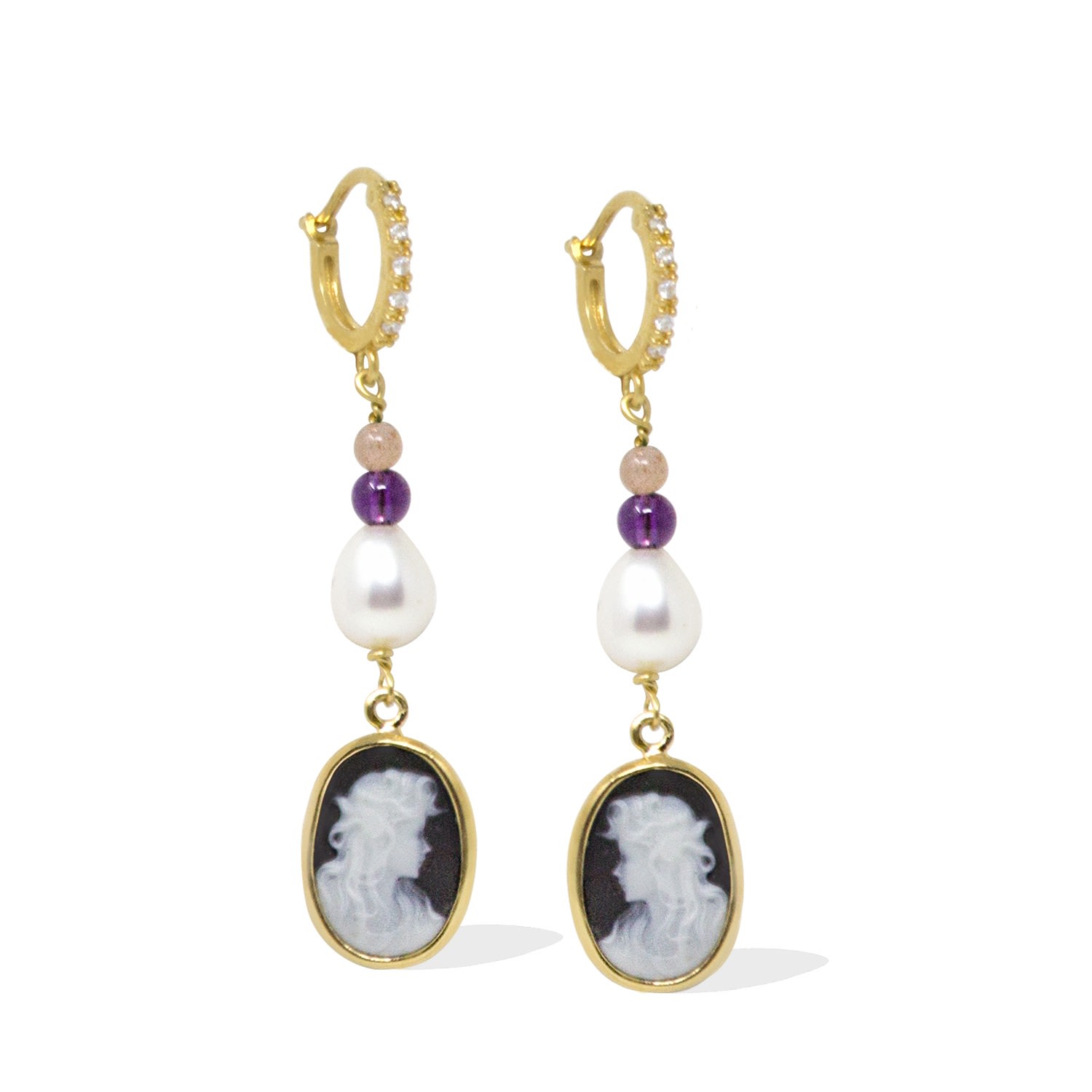 Vintouch Italy Women's Little Lovelies Gold-plated Black Cameo Hoop Earrings In Black