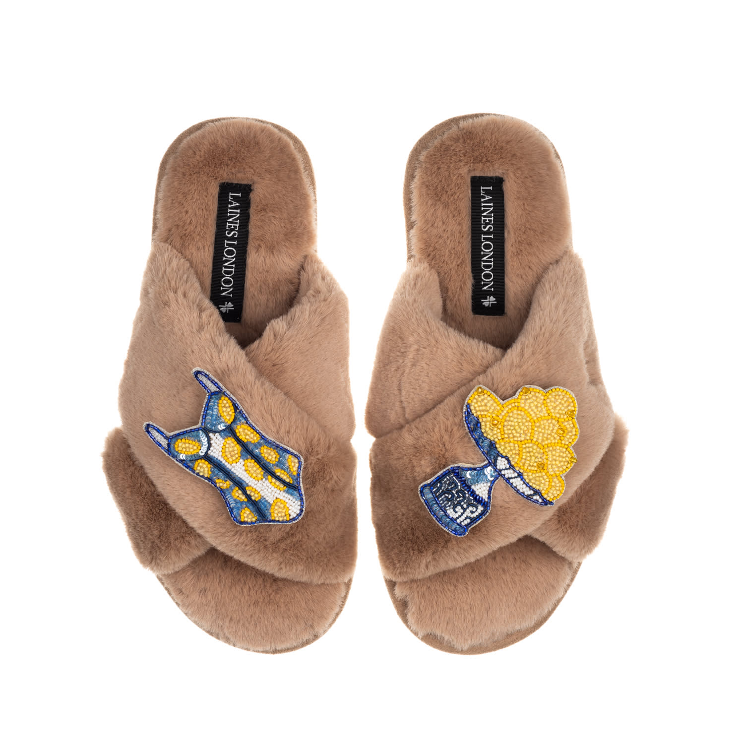 Laines London Women's Brown Classic Laines Slippers With Mediterranean Swimming Costume & Lemon Brooches - Toffee In Brown