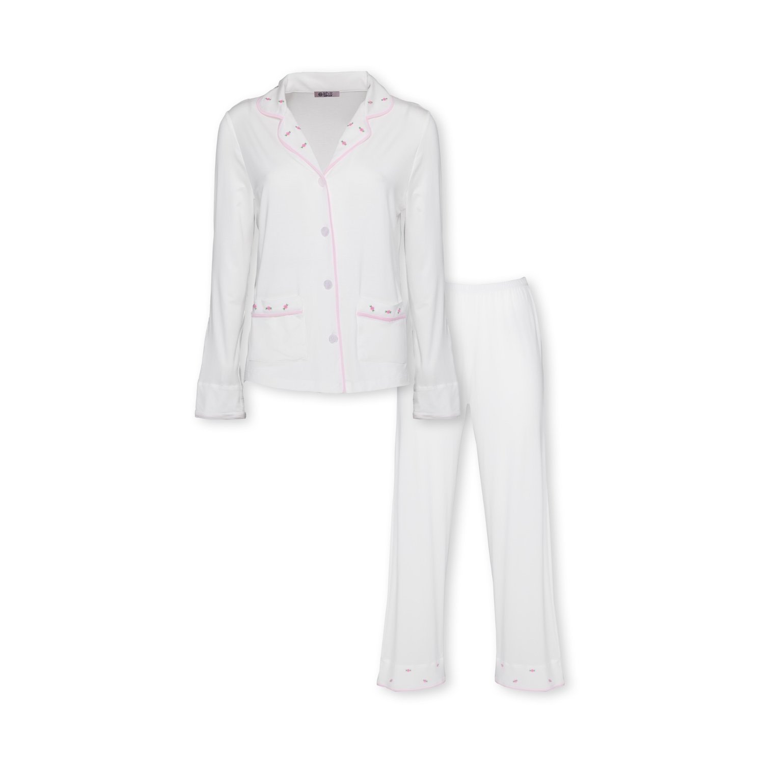Reve Sleepwear Women's Ciel Long Set In White With Pink Embroidery - Flowers In White