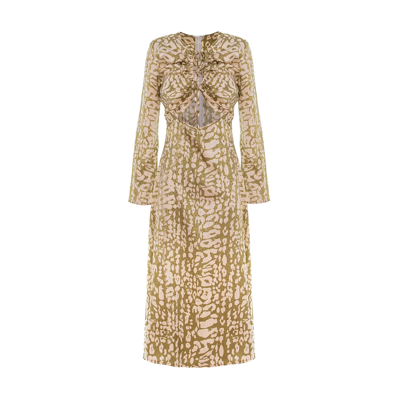 Bluzat Women's Brown / Yellow Olive Snake Print Cutout Midi Dress With Bell Sleeves In Multi