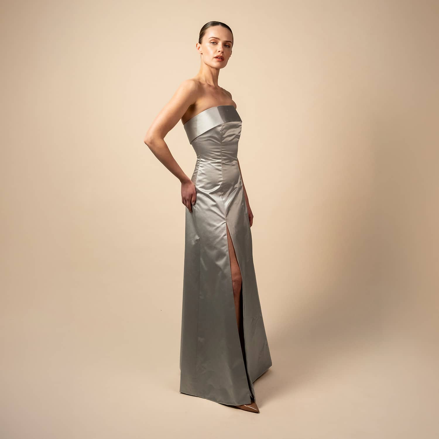 grey silk dress outfit Irena scarf