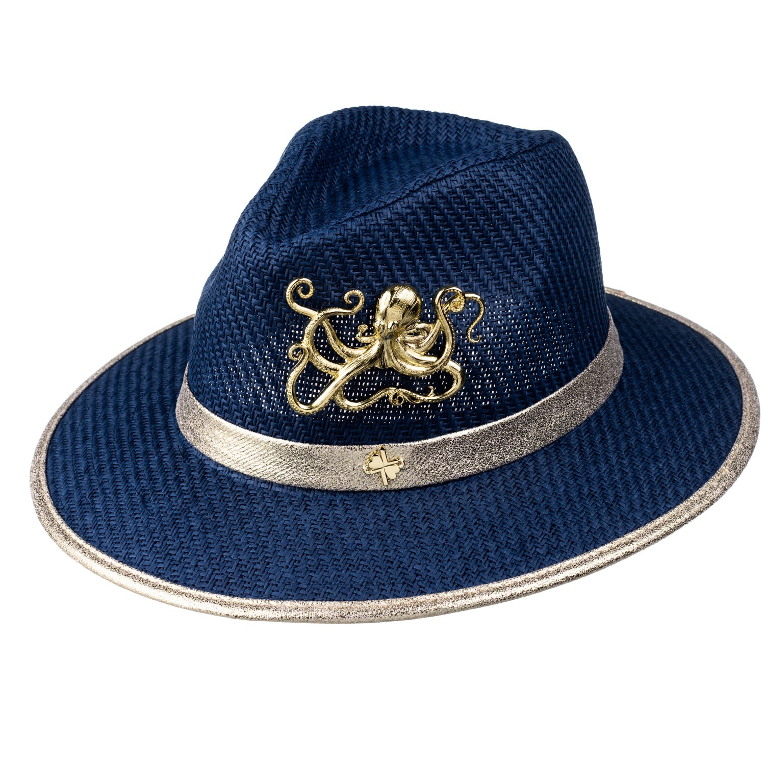 Women’s Blue Straw Woven Hat With Gold Metal Octopus Brooch - Navy One Size Laines London