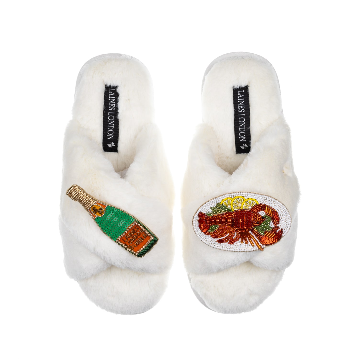 Laines London Women's White Classic Laines Slippers With Lobster Platter & Champagne Brooches - Cream In White