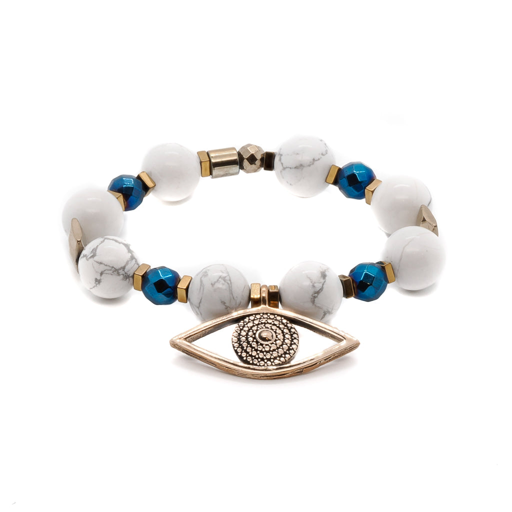 Women’s White / Gold / Blue Always Protected White Howlite Beaded Evil Eye Bracelet - White Ebru Jewelry