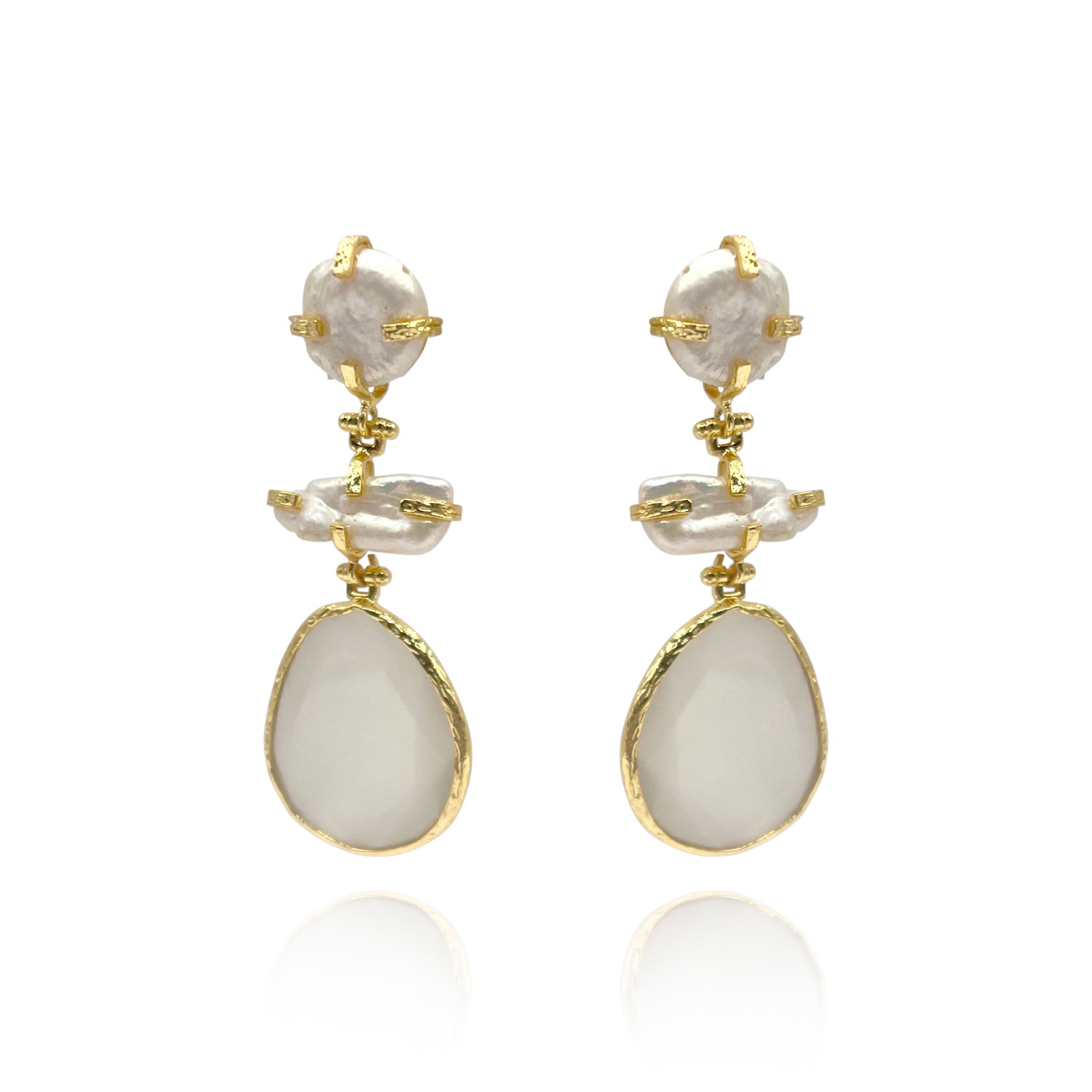 Women’s White / Neutrals Gold Plated Brass Drop Earrings With Freshwater Pearls And Large White Cat’s Eye Michael Nash Jewelry