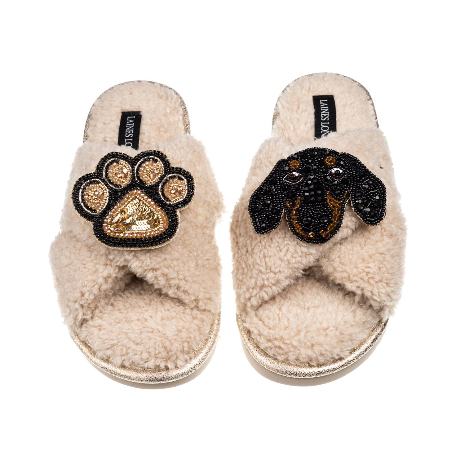 Laines London Women's Brown / Neutrals Laines Neutral Boucle Slippers With Little Sausage & Paw Brooches - Oatmeal