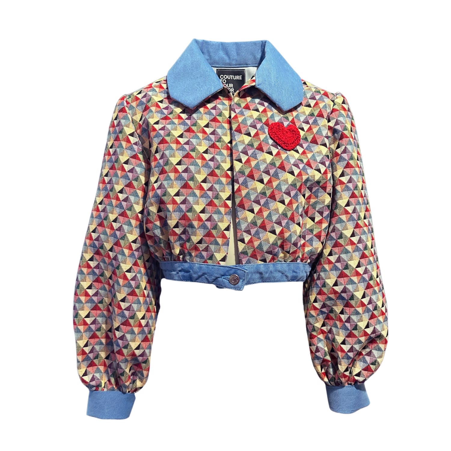 Women's Blue Geometric Tapestry Cropped Bomber Jacket | Small | Couture to Your Door