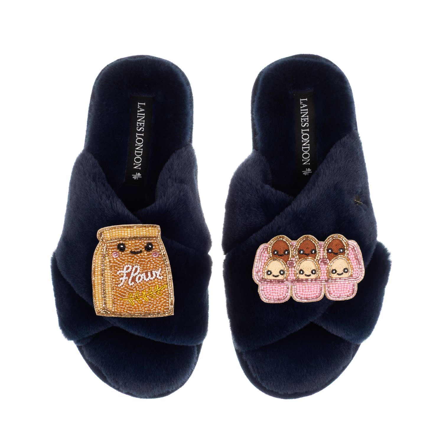 Laines London Women's Blue Classic Slippers With Laines Lovables Eggs & Flour Brooches - Navy In Blue