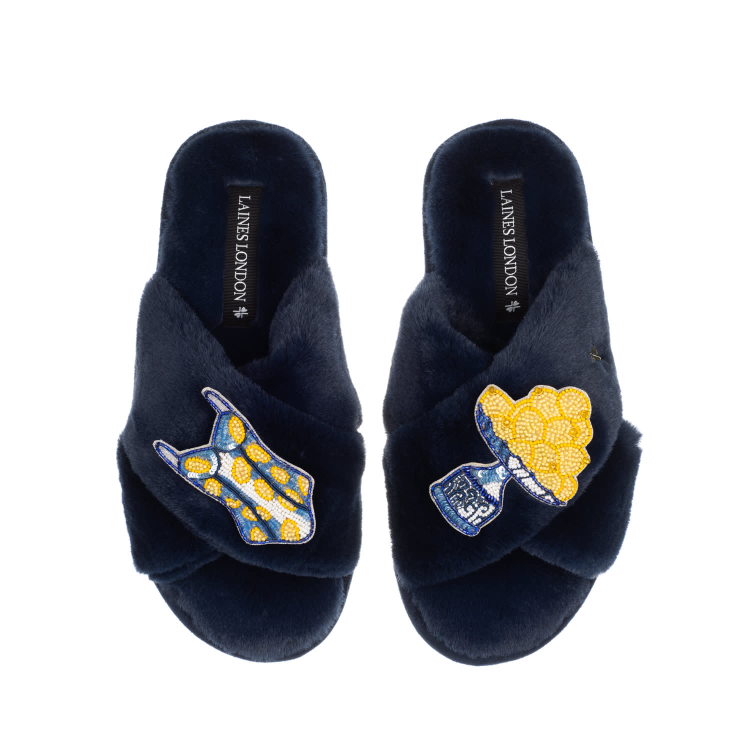 Laines London Women's Blue Classic Laines Slippers With Mediterranean Swimming Costume & Lemon Brooches - Navy In Blue