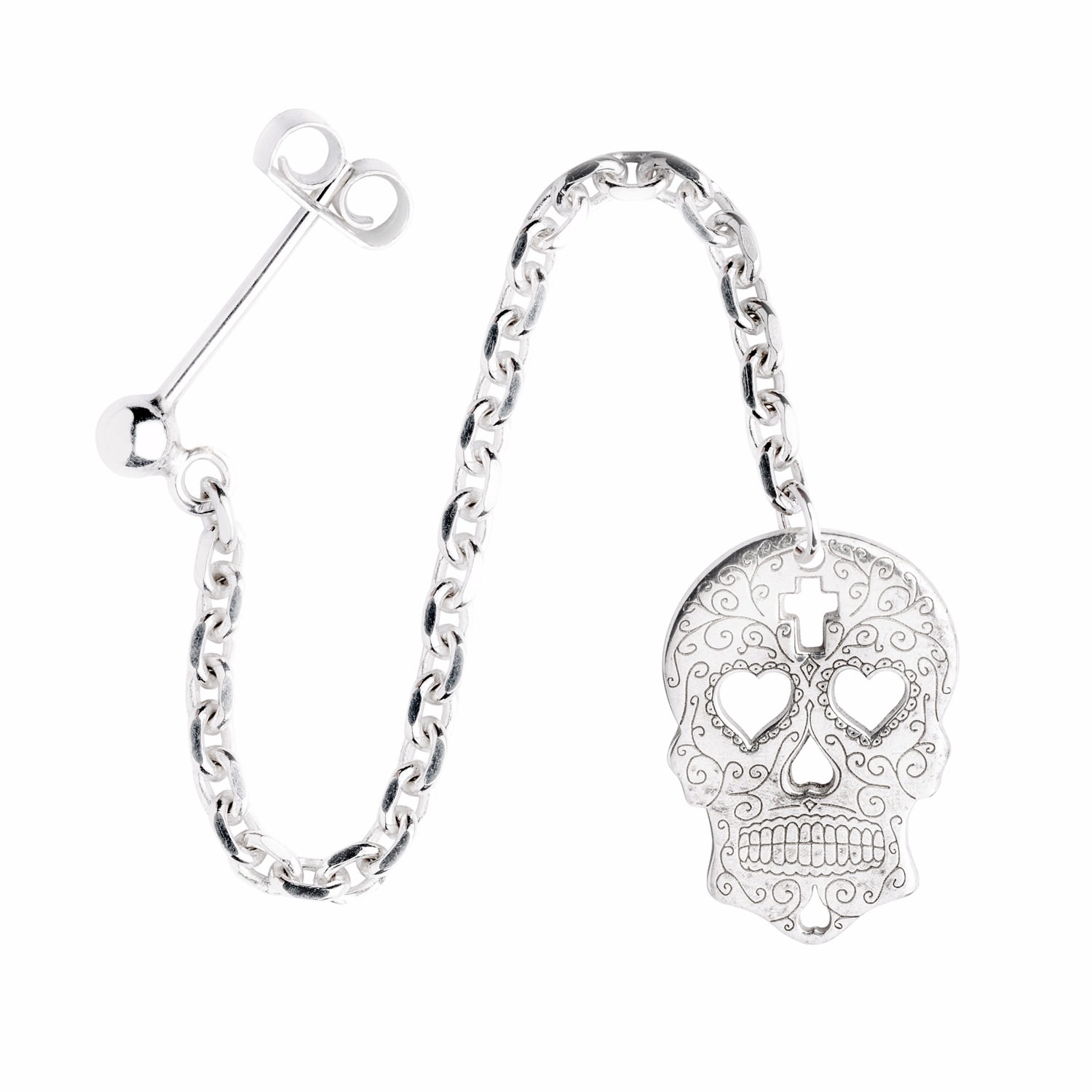 Women’s Silver Sugar Skull With Heart Eyes Single Long Drop Earring Cartergore