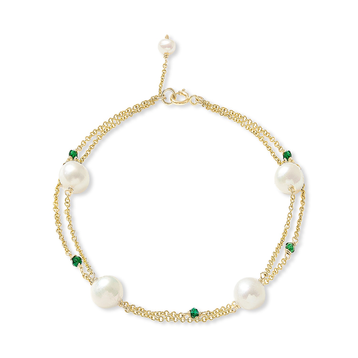 Pearls Of The Orient Online Women's Green / Gold Credo Fine Double Chain Bracelet With Cultured Freshwater Pearls & Emeralds