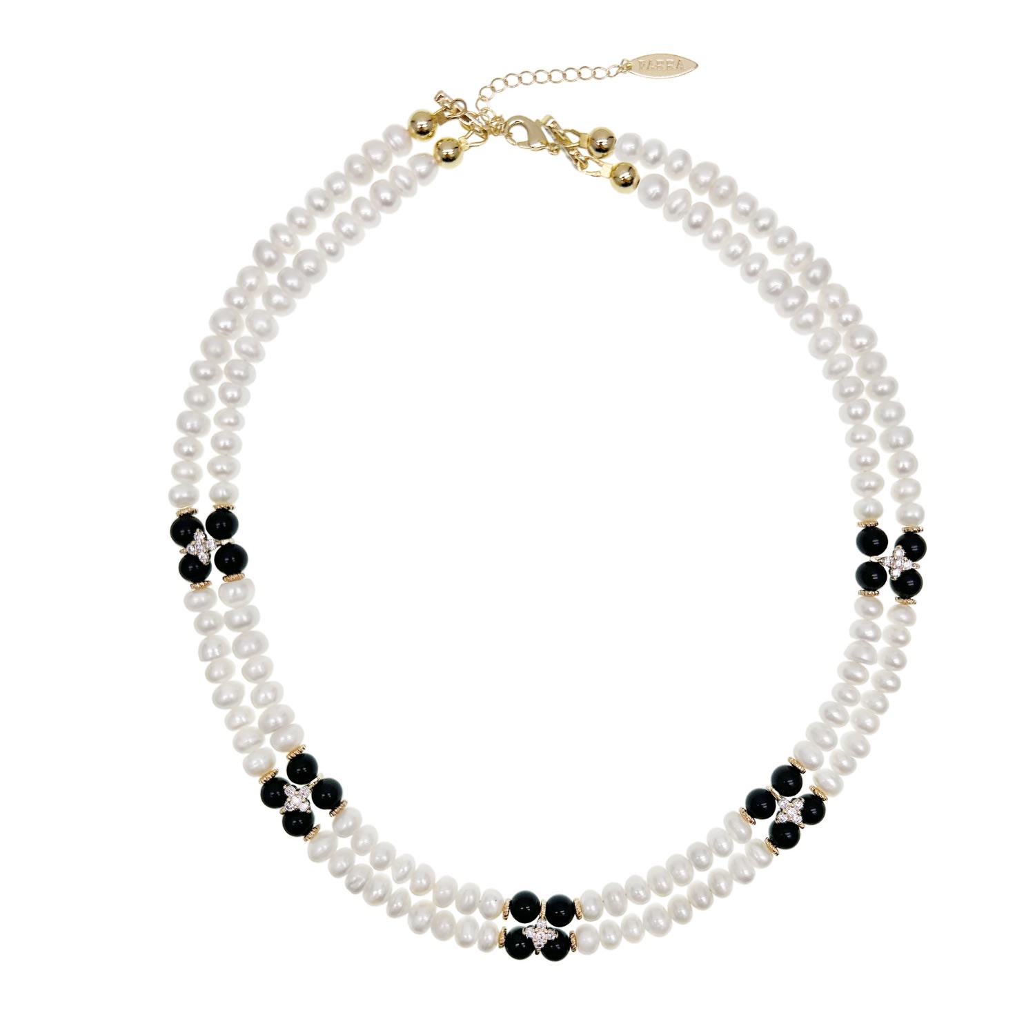 Farra Women's White Freshwater Pearls With Black Obsidian And Zircon Stone Statement Collar Necklace In Red