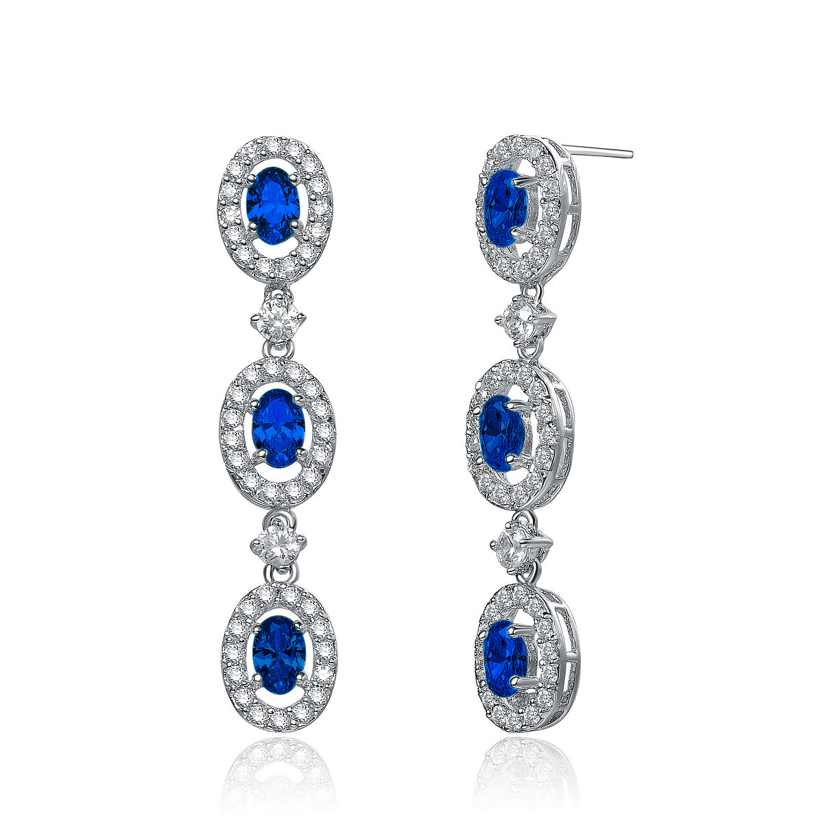 Women’s Blue / White / Silver Sterling Silver Cubic Zirconia Oval-Shape Dangle Earrings Genevive Jewelry