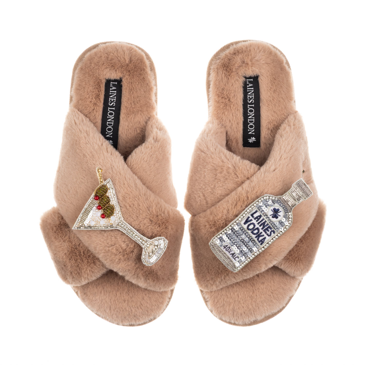 Women's Brown / Neutrals Classic Laines Slippers With Vodka Martini Brooches - Toffee | Extra Large | Laines London