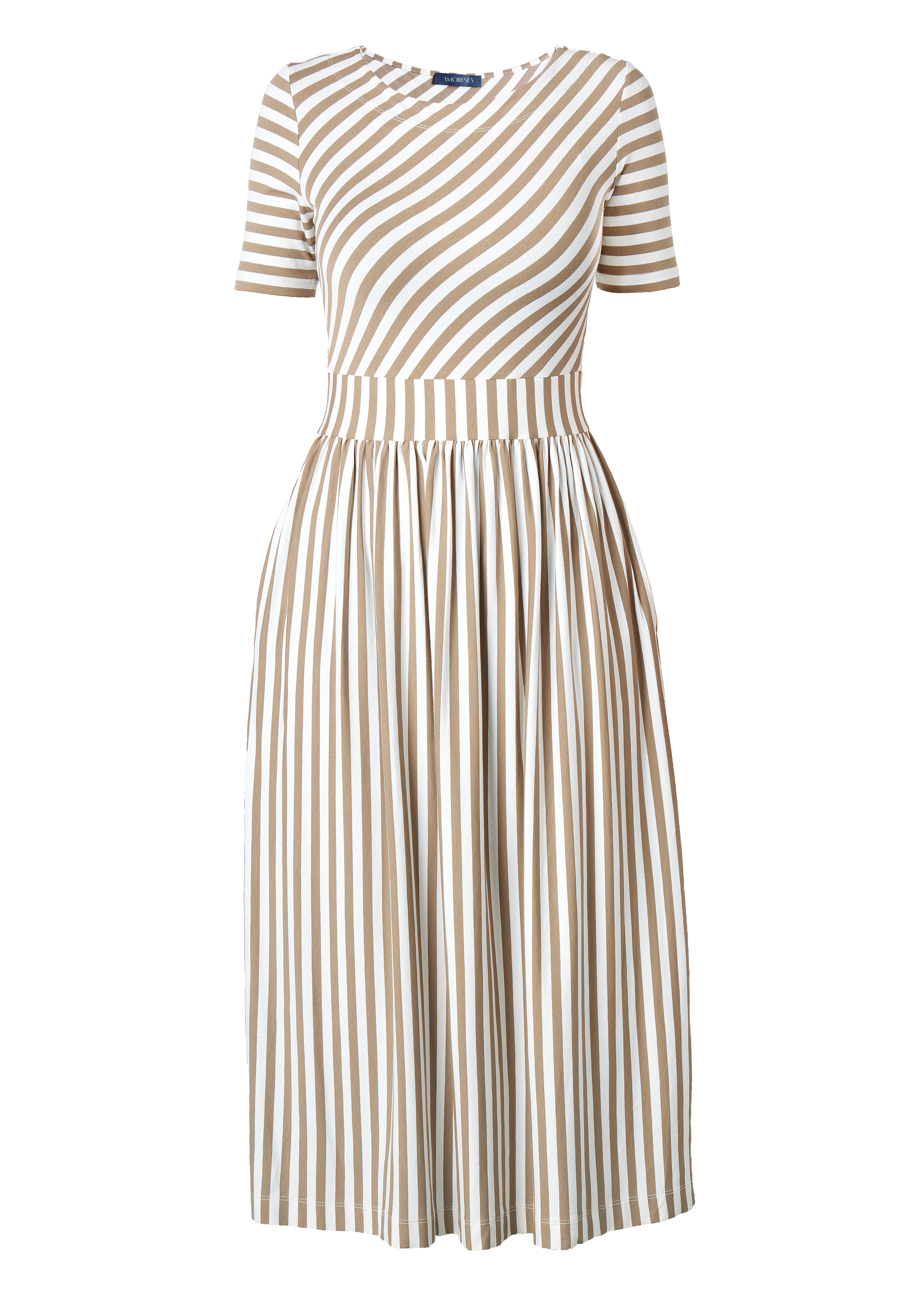Amoresea Women's Neutrals / White Serenity Beige Stripe Jersey Midi Dress With Pockets In White
