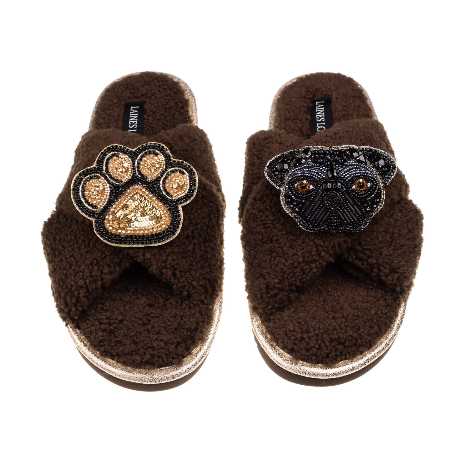 Laines London Women's Brown / Neutrals Laines Neutral Boucle Slippers With Snoopy Pug & Paw Brooches - Chocolate