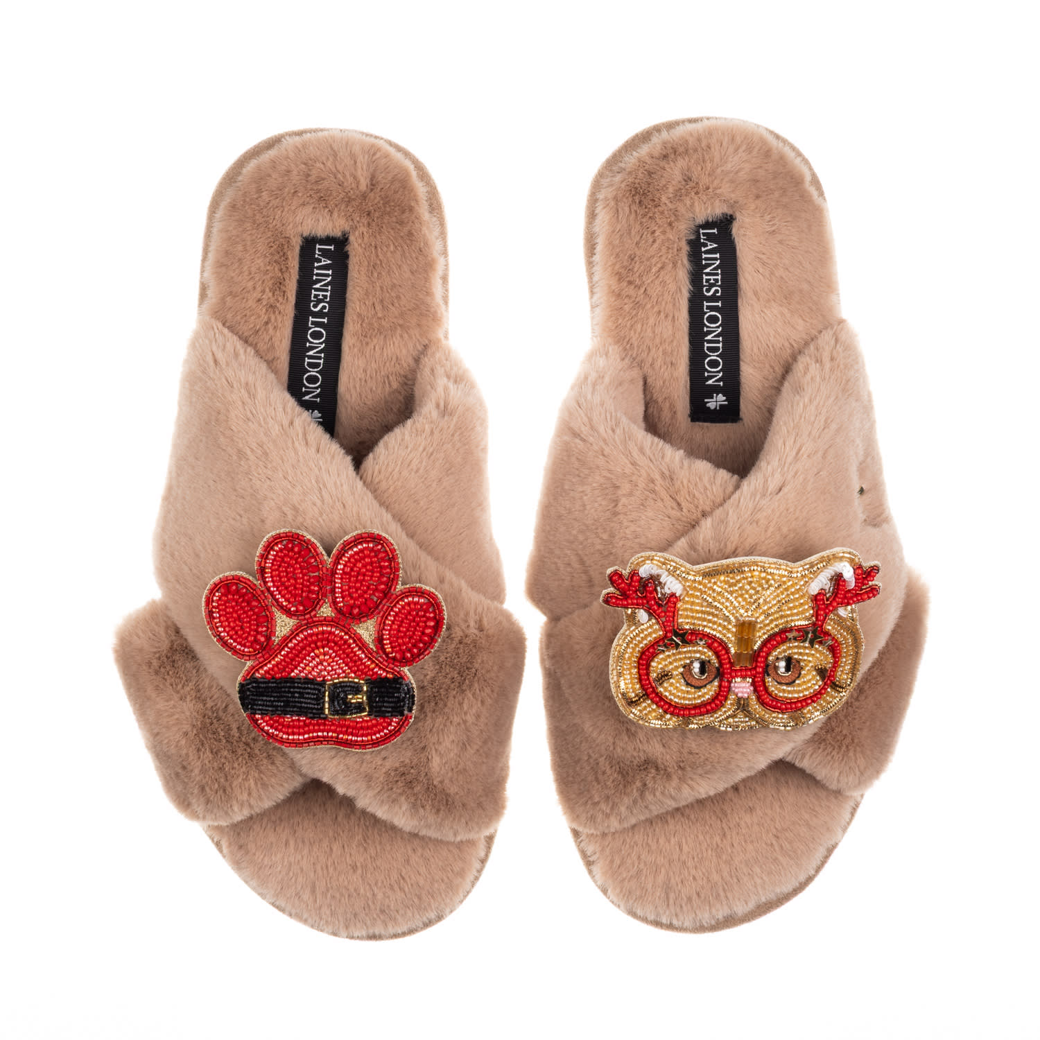 Laines London Women's Brown / Neutrals Classic Slippers With Christmas Golden British Shorthair Cat & Paw Brooches In Brown