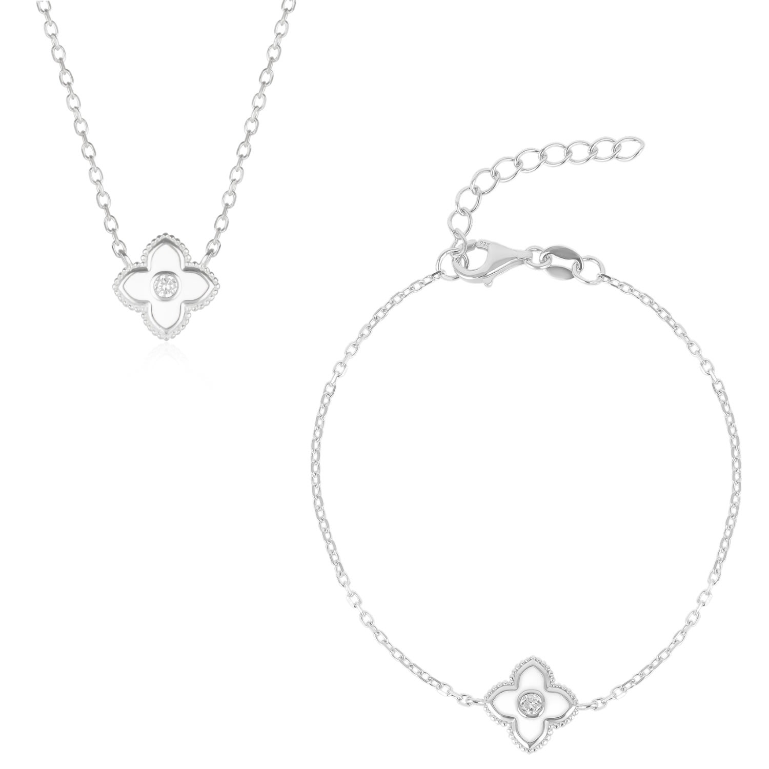Spero London Women's White Enamel Four Leaf Clover Necklace & Bracelet Set With Gemstone In Sterling Silver - Sil In Silver