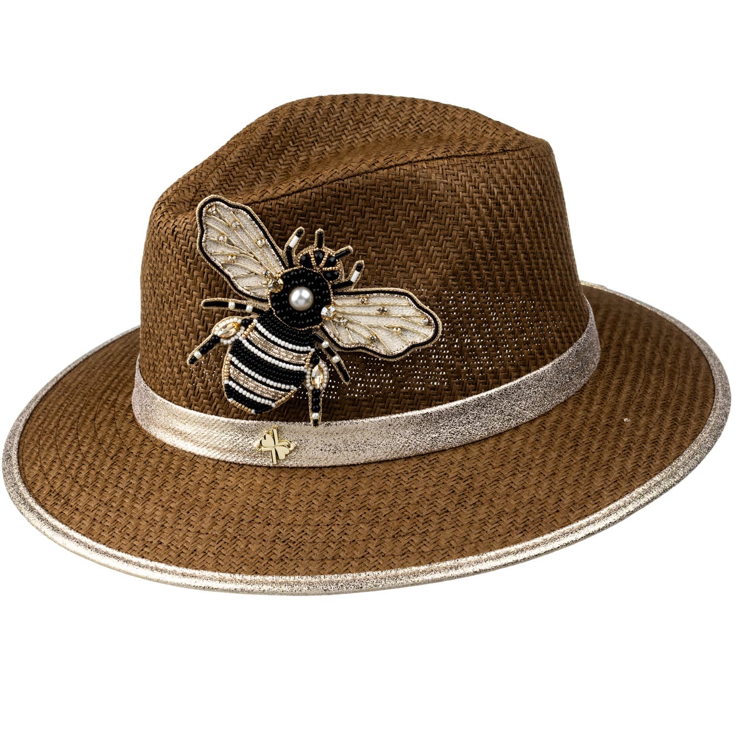 Laines London Straw Woven Hat With Black Starfish Brooch in Natural