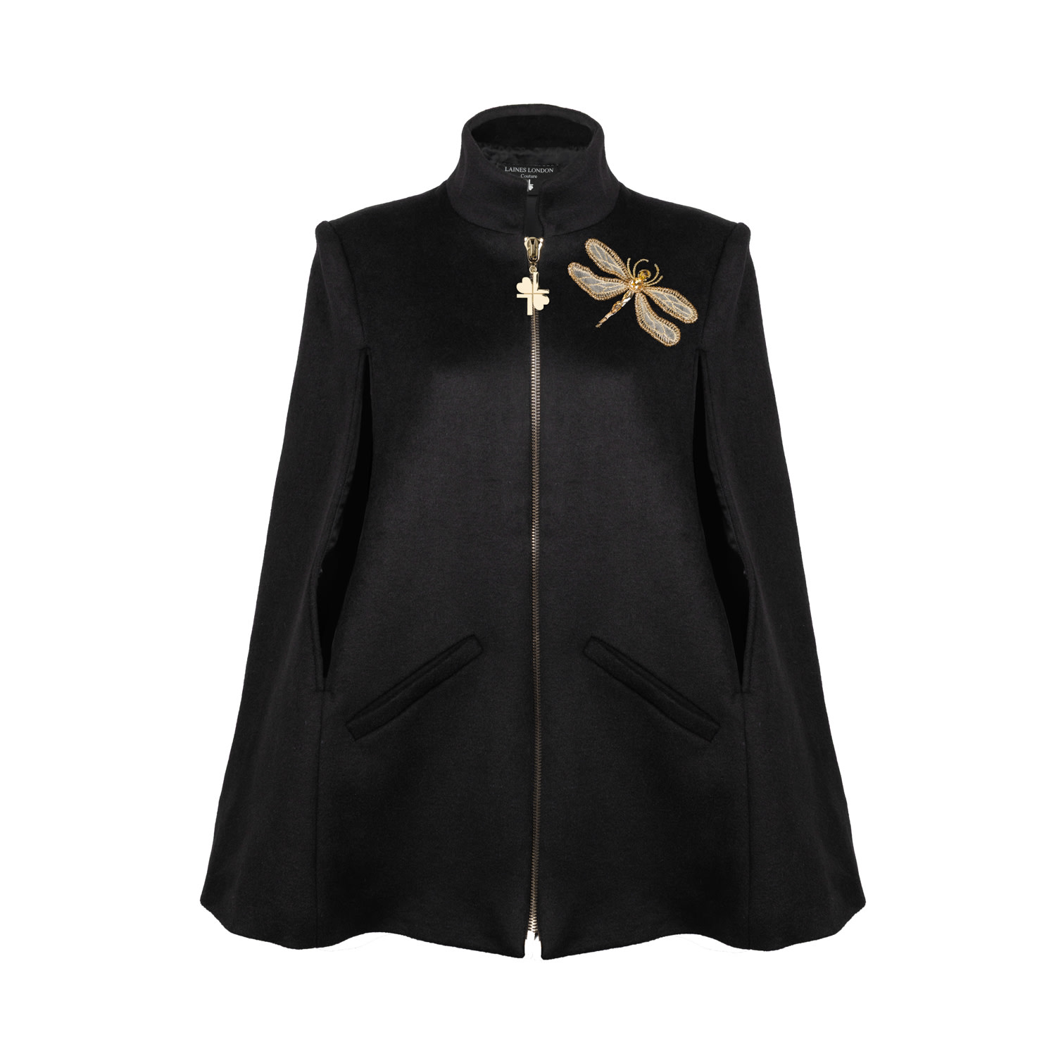Women's Black Laines Couture Wool Blend Zip Cape With Embellished Dragonfly Brooch | L/Xl | House of Laines London