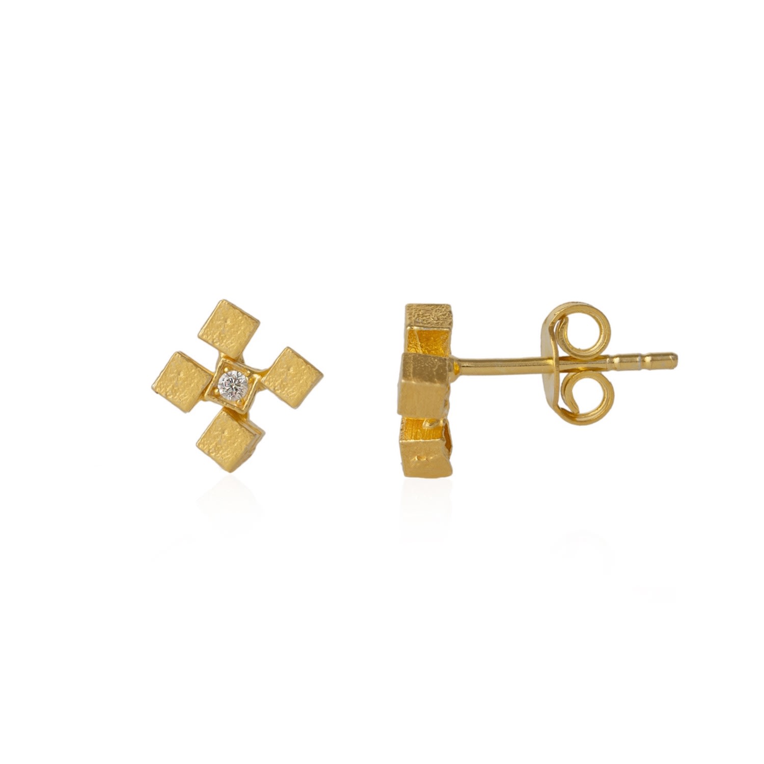 Spero London Women's Four Cube Blocks Natural Textured Sterling Silver Authentic Stud Earring - Gold In Gold