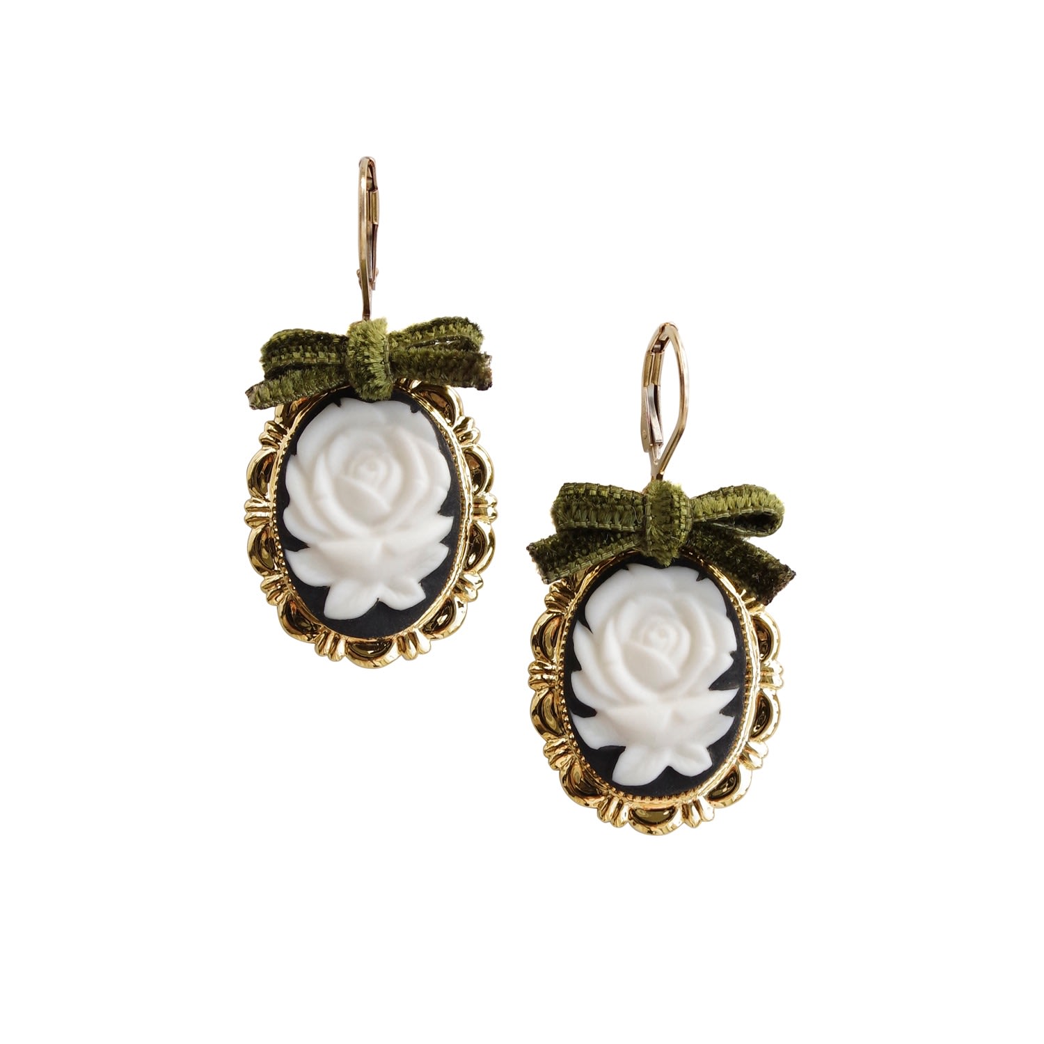 Women’s White / Black / Green Dark Romance Rose Oval Porcelain Cameo Earrings Poporcelain