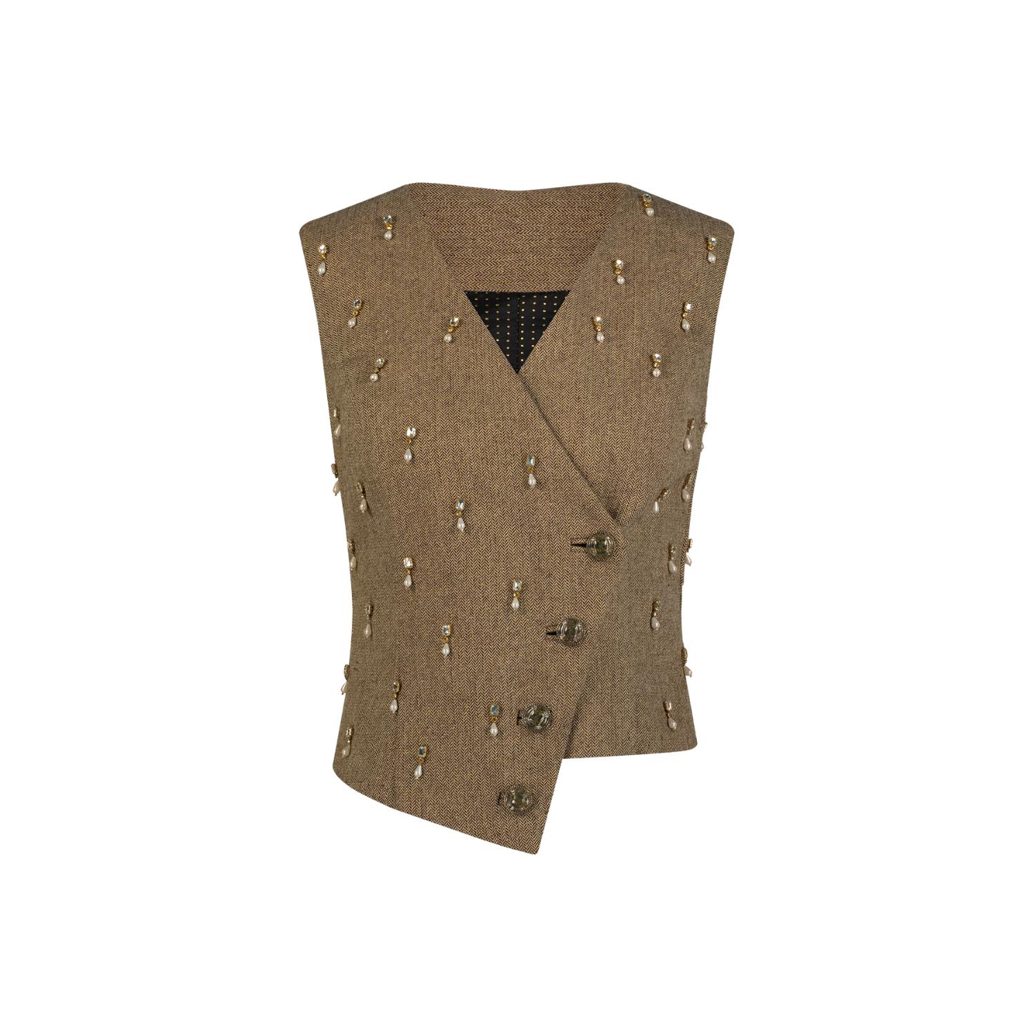 Azzalia Women's Wool Chevron Embellished Crystal And Pearls Sleeveless Waist Coat With Glass Buttons-brown R In Brown
