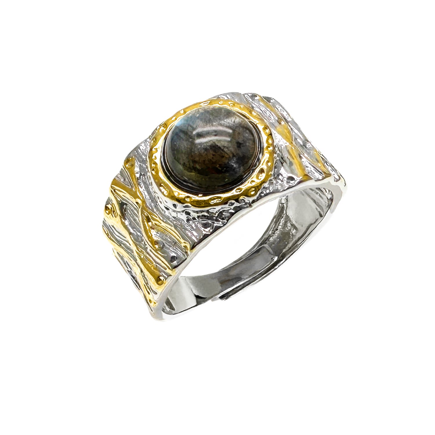 Farra Women's Black Obsidian Stone Platinum Plated Brass Adjustable Ring In White