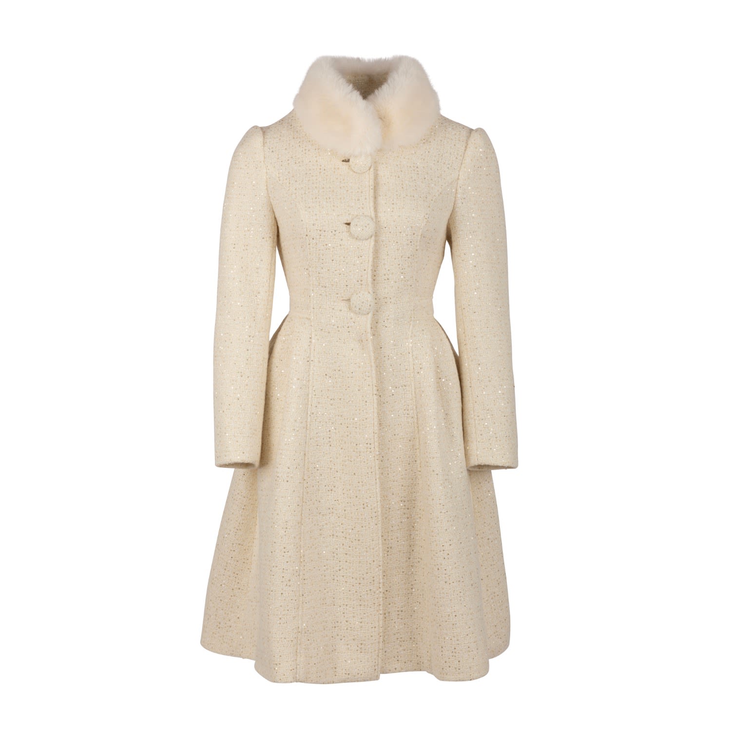 Women's White Starlet Wool Tweed Dress Coat With Faux Fur In Crema | Small | Santinni