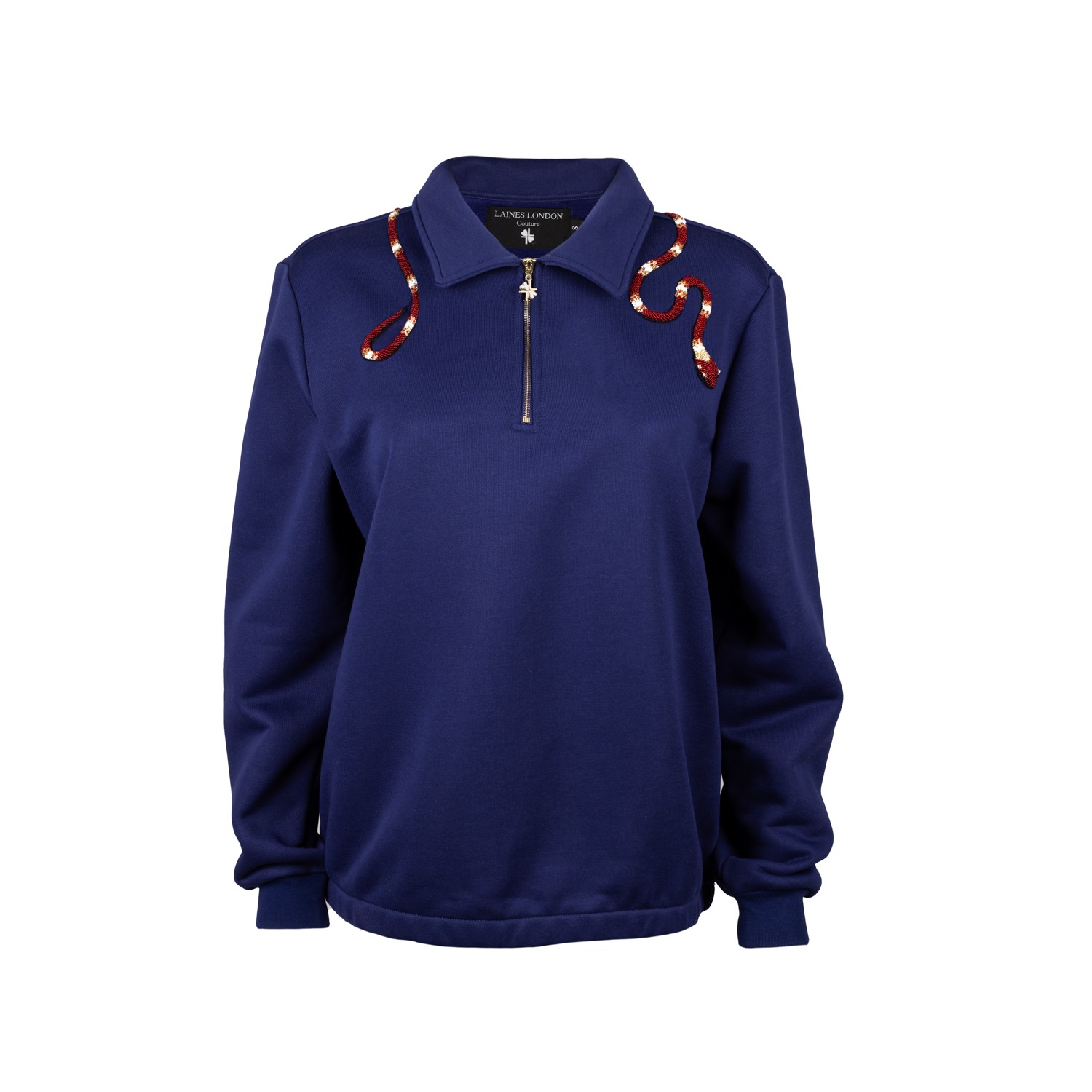 Laines London Women's Blue Laines Couture Navy Quarter Zip Sweatshirt With Embellished Red Wrap Around Snake In Blue