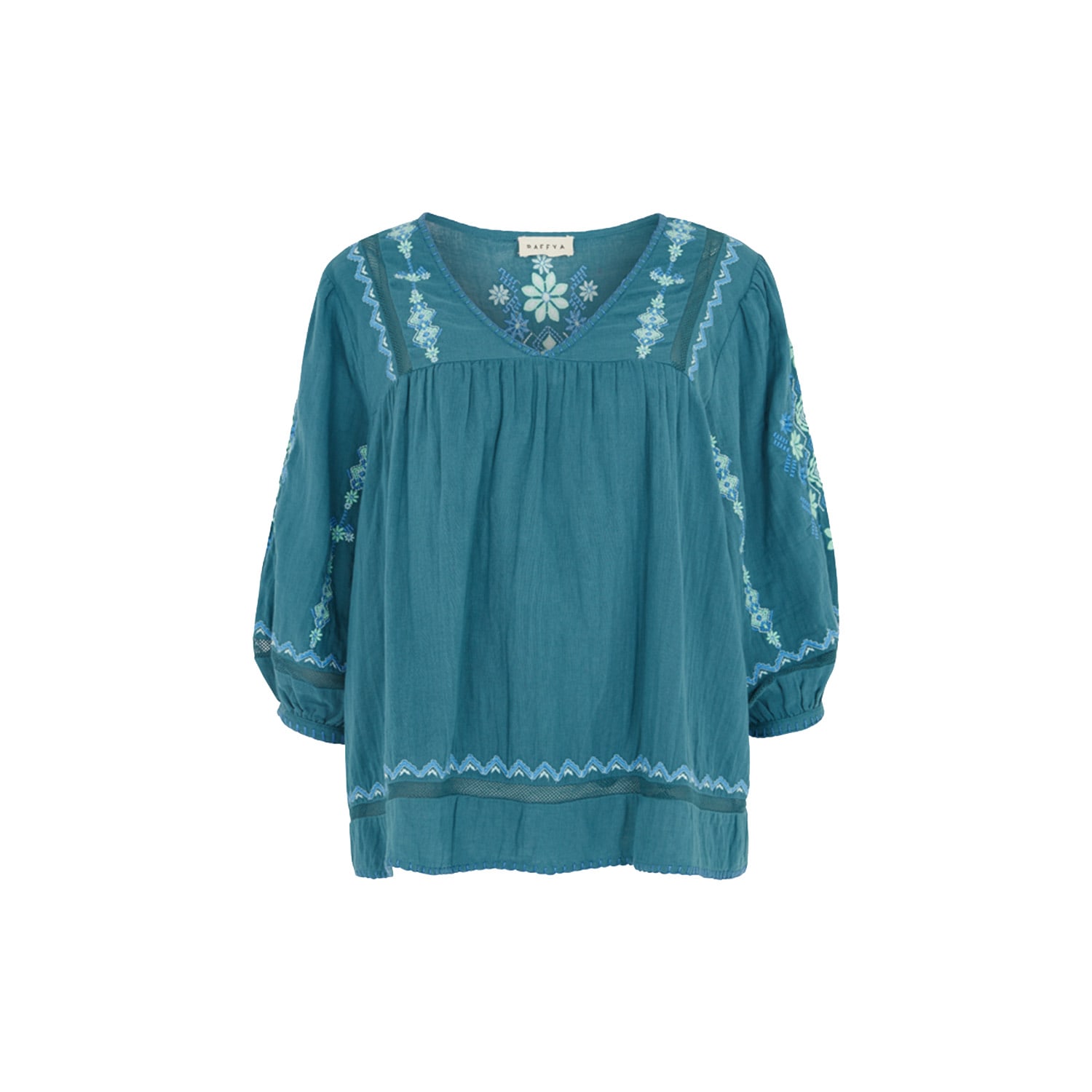 Raffya Women's Alice Gauze Blue Embroidered Cotton Top