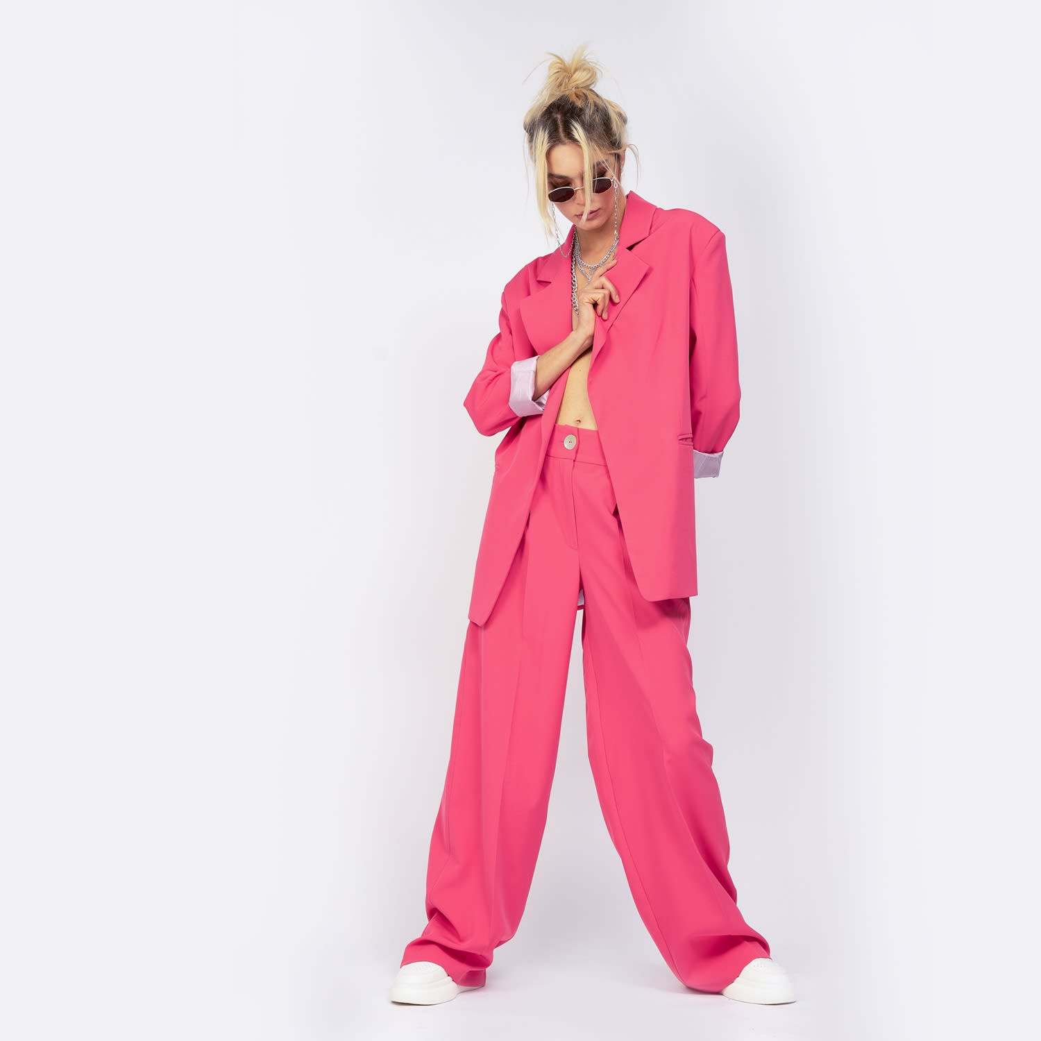 Pink Color Mono Net Fabric Cigarette Pant Suit