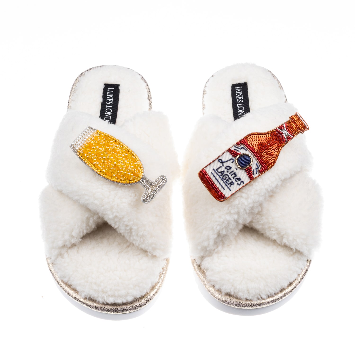 Laines London Women's Neutrals / White Laines Neutral Boucle Slippers With Laines American Lager Brooches - Cream In White