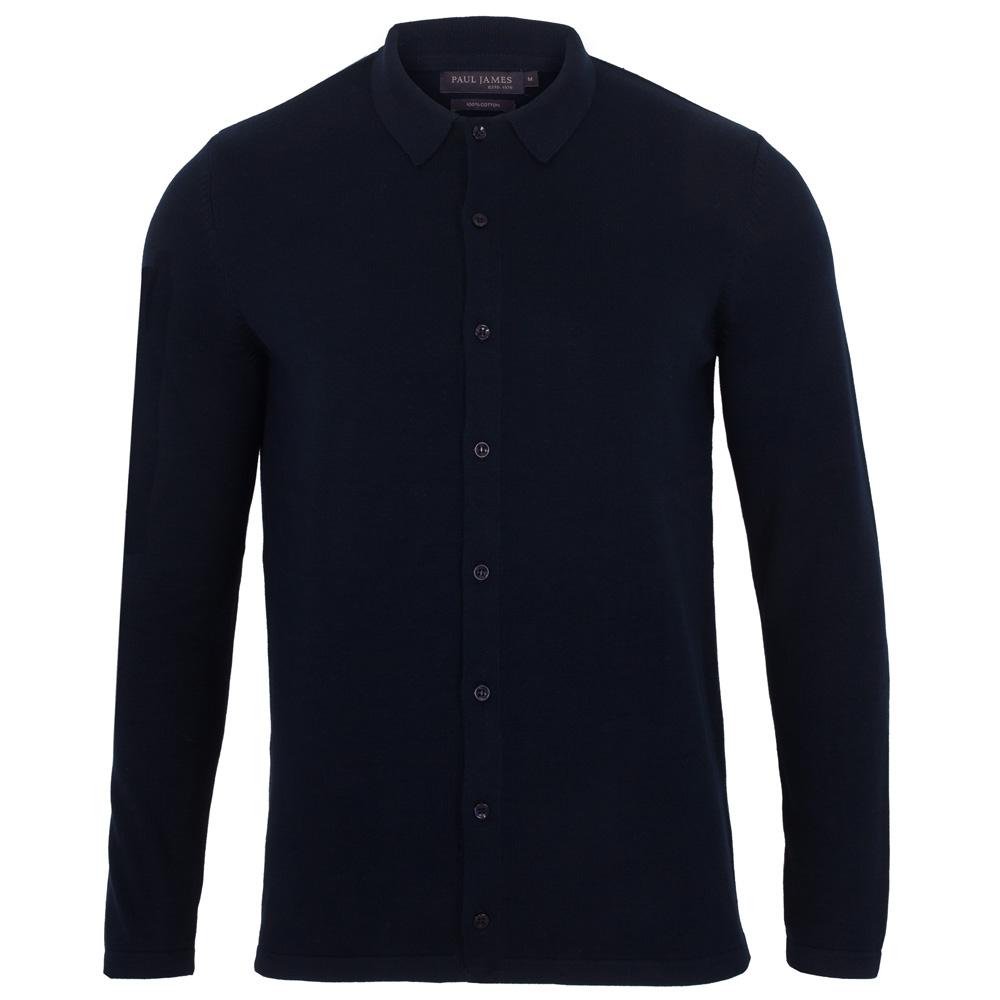 Blue Mens Cotton Arthur Knitted Shirt - Navy Small Paul James Knitwear