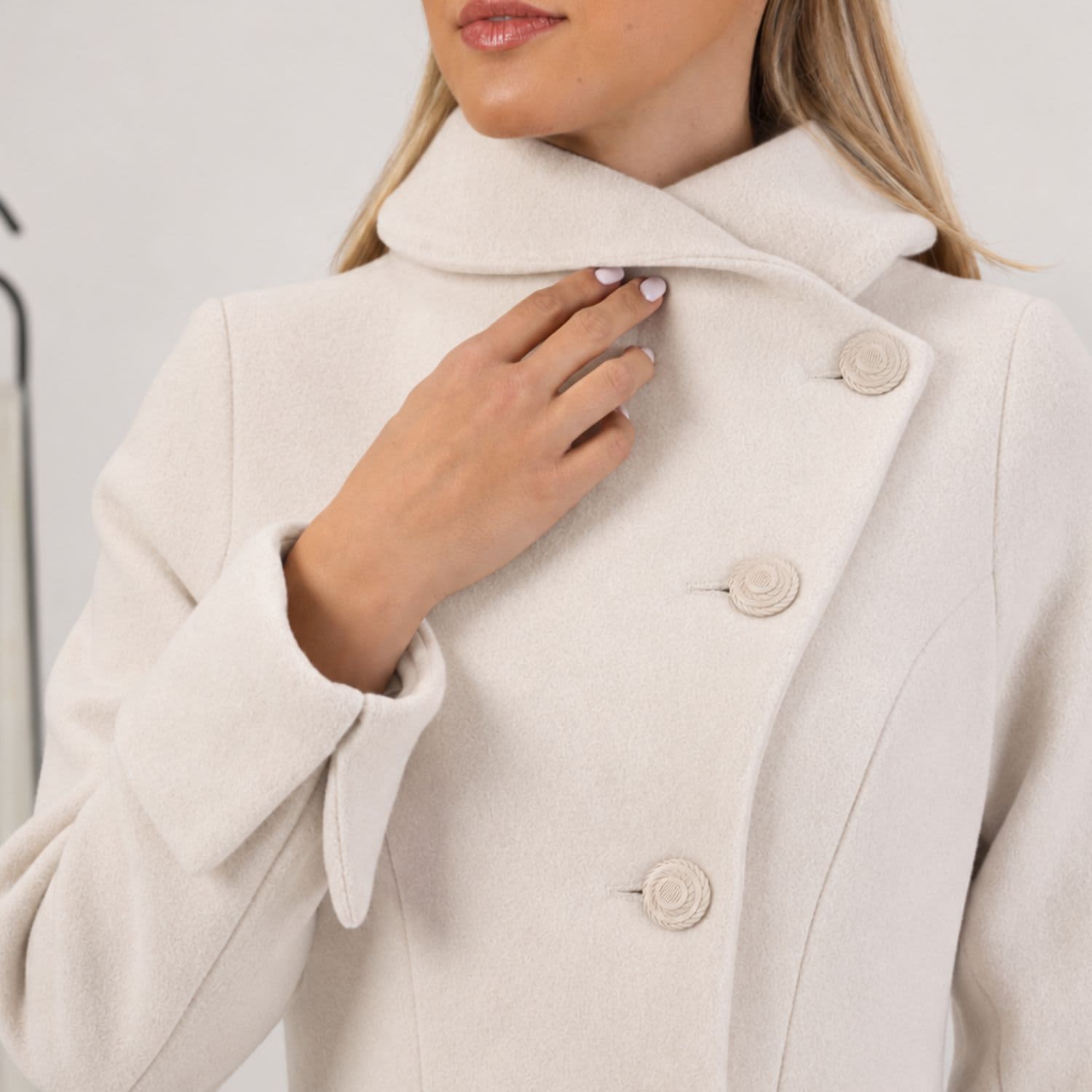 Flared Wool Winter Coat With Buttons In Off White Color | Nikka