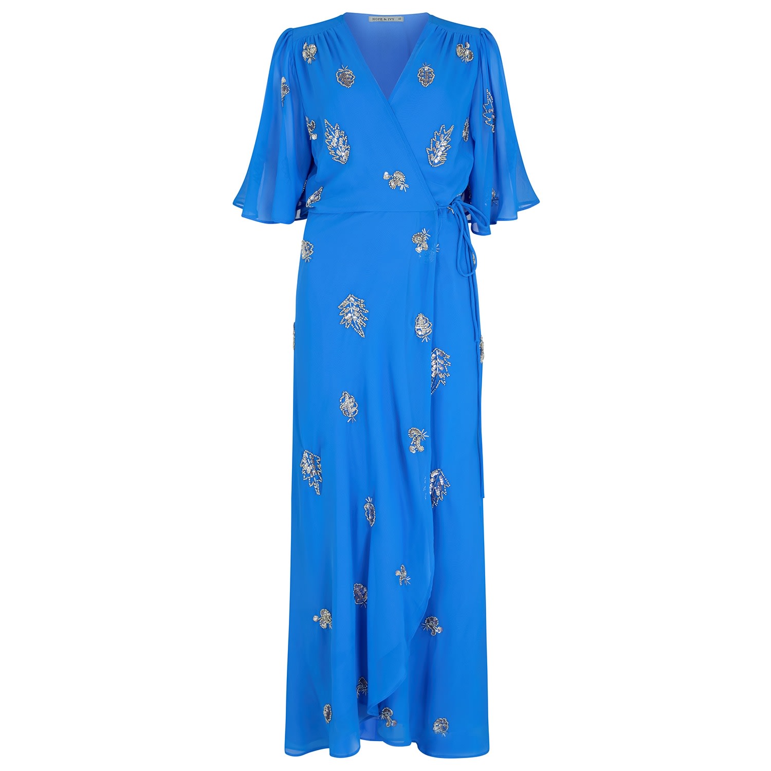 Hope & Ivy Women's Blue The Lois Embellished Wrap Dress With Tie Waist And Flutter Sleeve