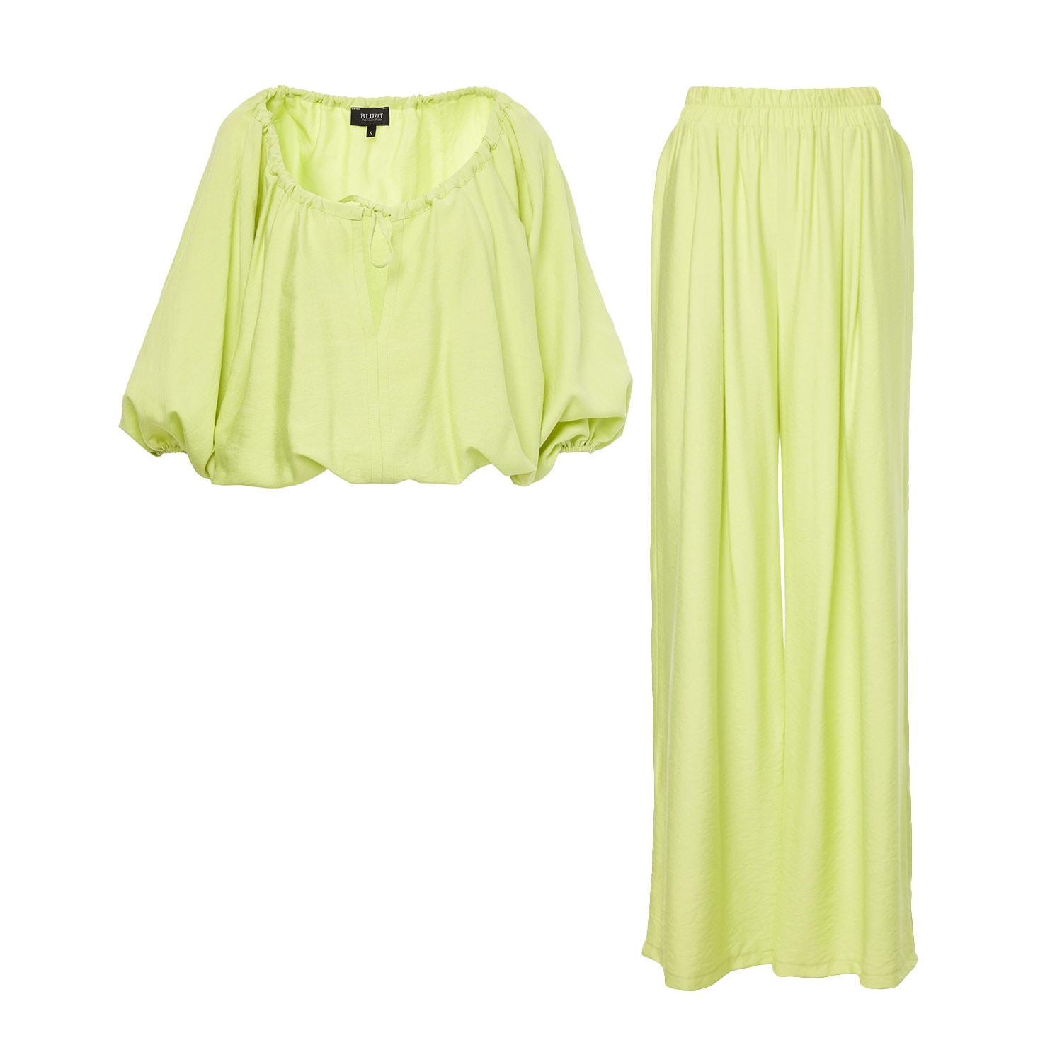 Bluzat Green Neon Linen Matching Set With Flowy Blouse And Wide Leg Trousers In Green