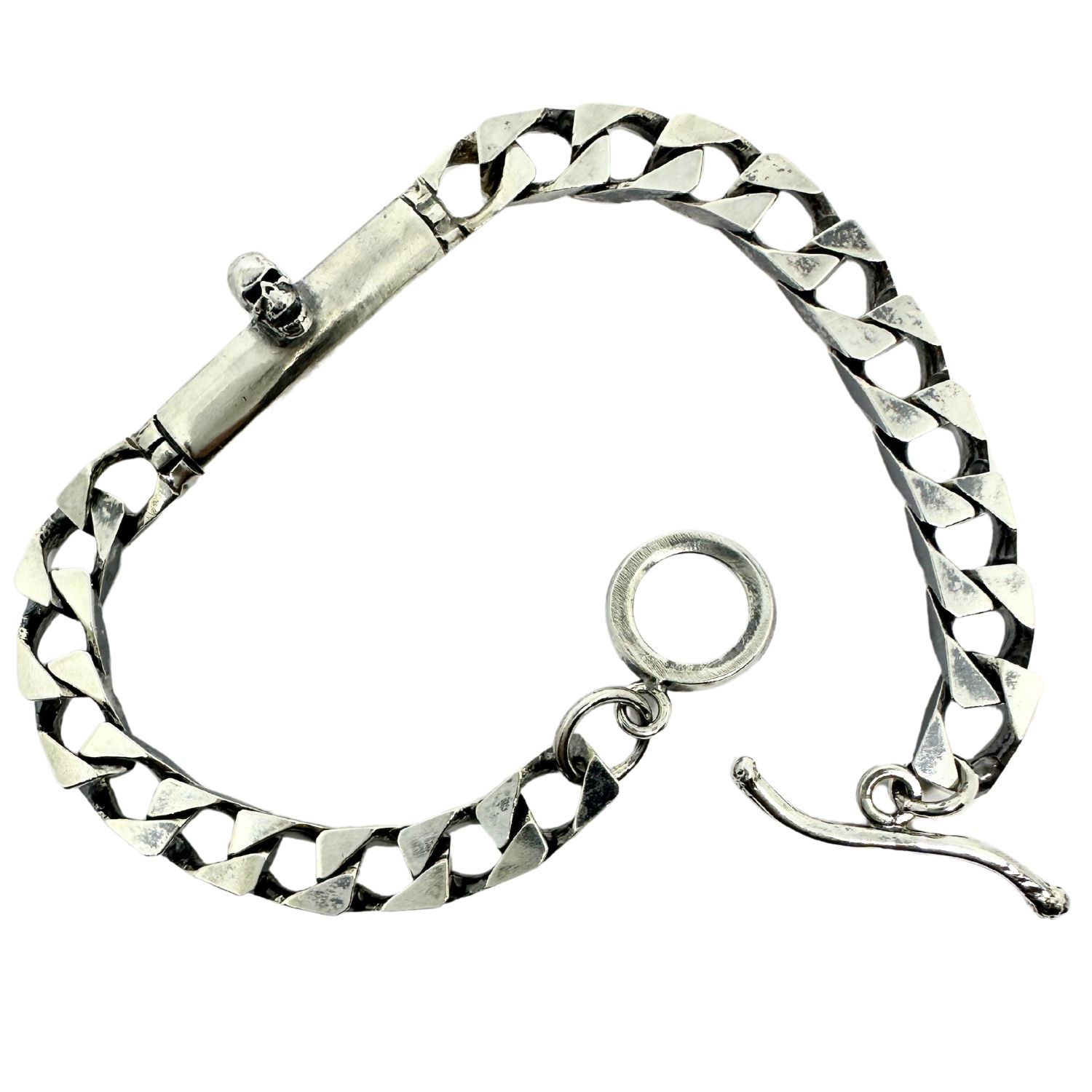 Men's Black / Silver Men’s Skull Bracelet – Sterling Silver, Handmade Flat Curb Chain With T-Bar Clasp | Tg-Jewellery by Tamara Gervasio