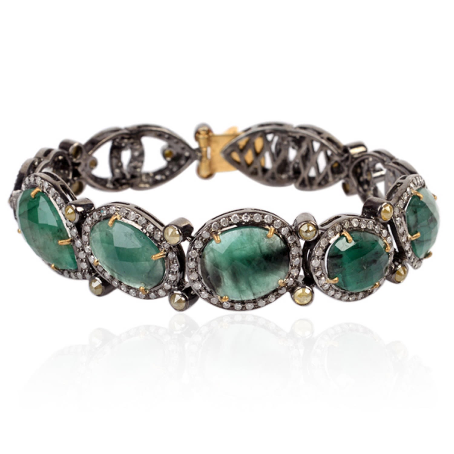 Women’s Gold / Green Natural Ice Diamond & Emerald Designer Bangle Bracelet In 18K Gold With Silver Artisan