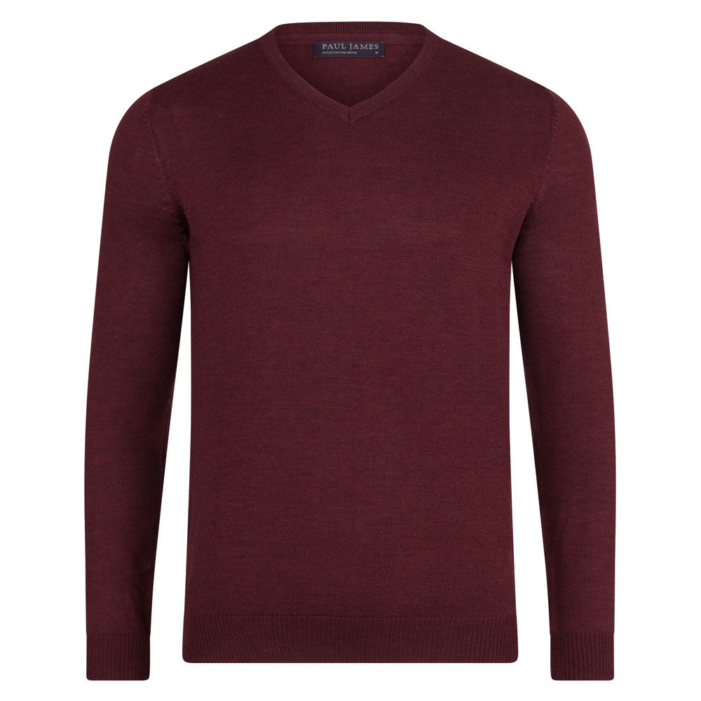 Mens Extra Fine Merino Wool V-Neck Jumper - Burgundy | Paul James Knitwear  | Wolf u0026 Badger