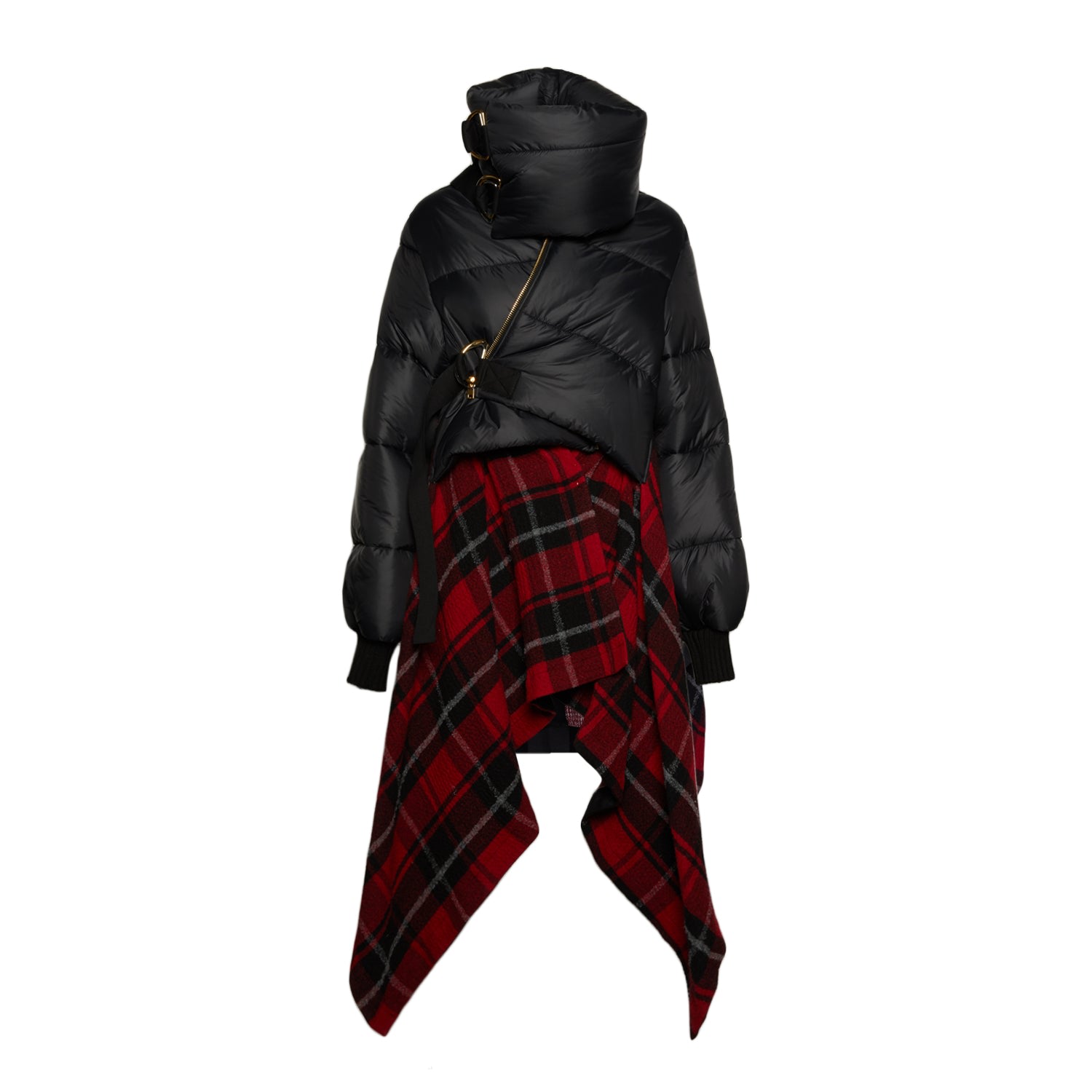 Women’s Black / Red Paddington Tartan Wool Poncho With Black Down Jacket Medium Sveta Milano