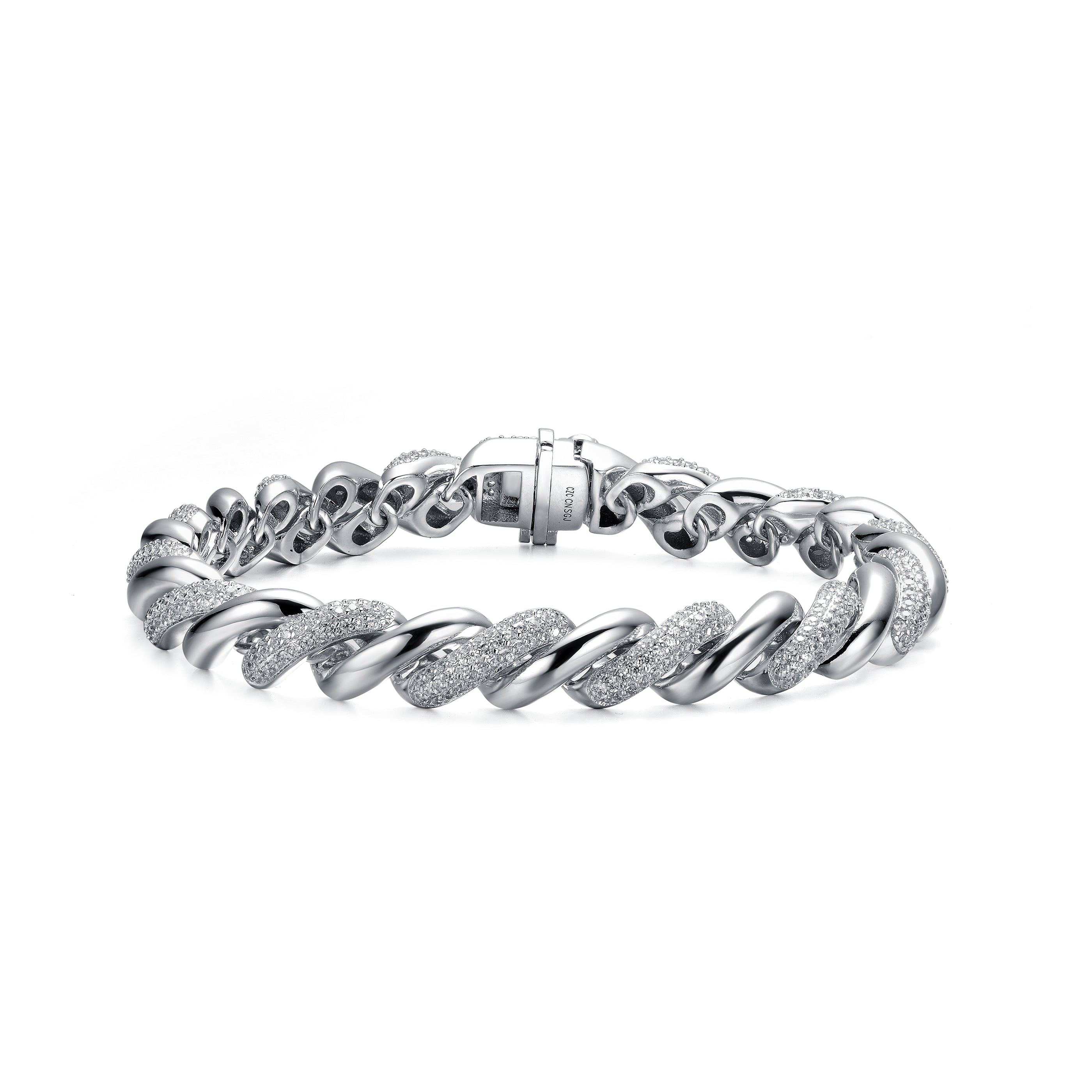 Women’s White / Silver Sterling Silver With Rhodium Plated Clear Round Cubic Zirconia Wavy Twisted Bracelet Genevive Jewelry